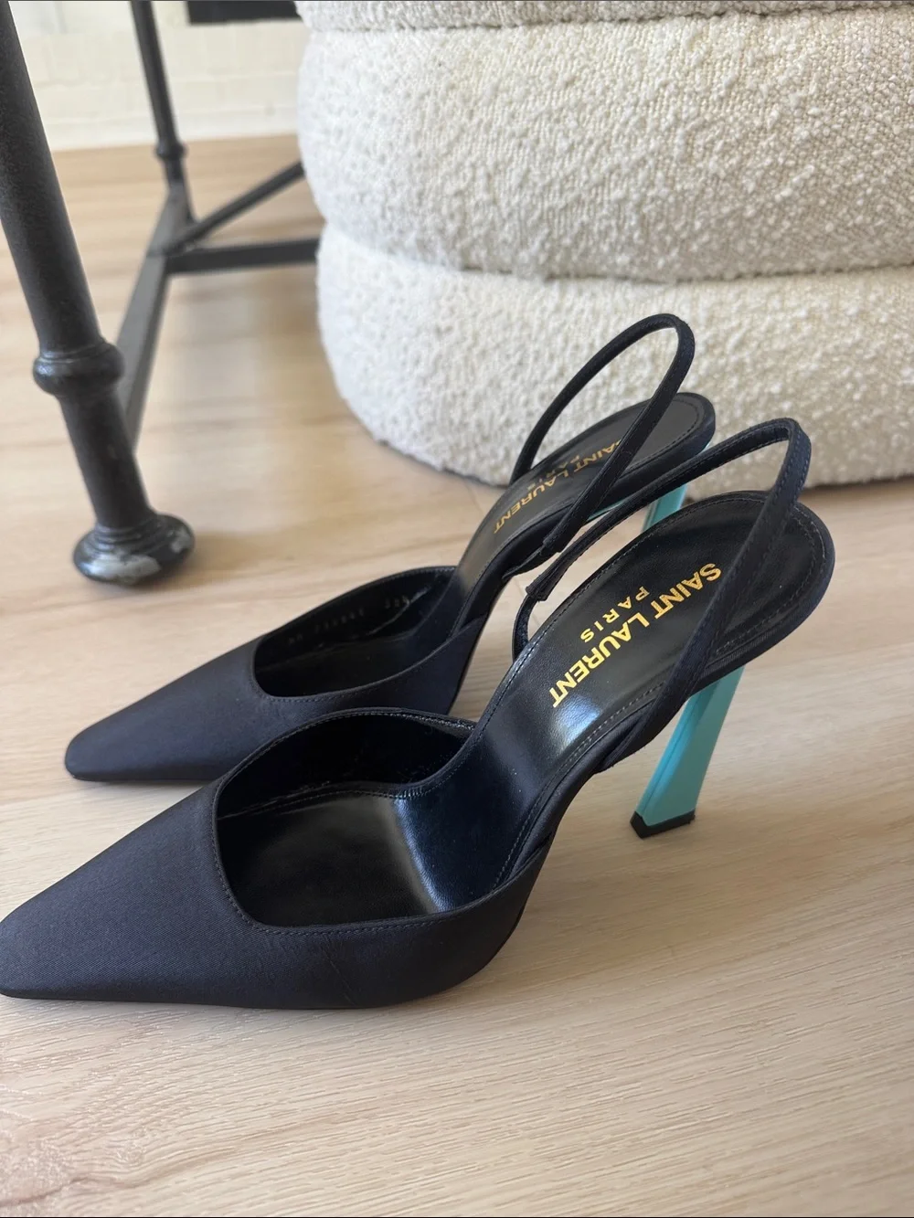 Saint Laurent Black Slingback Pumps with Turquoise Heel - Picture 3 of 6
